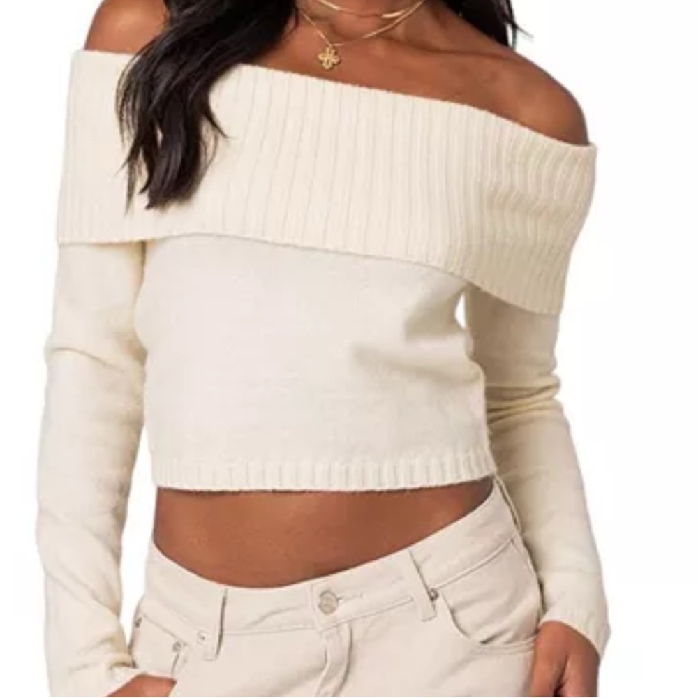 Edikted Cream Off-the-Shoulder Sweater Ribbed Knit